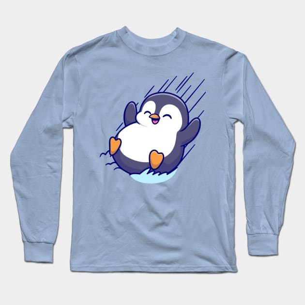 Cute Penguin Sliding On Ice Cartoon Long Sleeve T-Shirt by Catalyst Labs